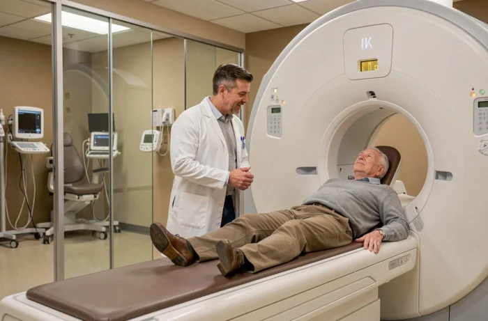 Radiologue rassurant un patient âgé avant son examen IRM ouvert dans un service de radiologie moderne