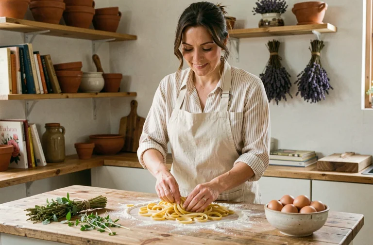 Femme préparant des pâtes maison dans une cuisine rustique avec des herbes fraîches et des ingrédients naturels sur une table en bois