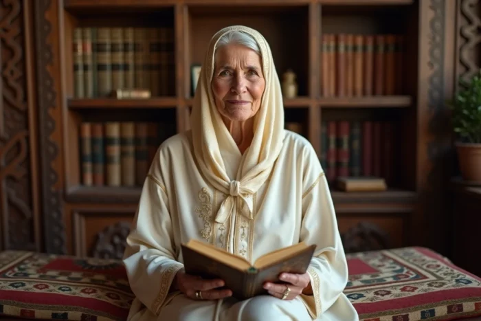 Femme âgée d'origine maghrébine en djellaba ivoire tenant un Coran dans une salle d'étude traditionnelle ornée, illustrant la dimension religieuse et les racines familiales d'Amal Laoui