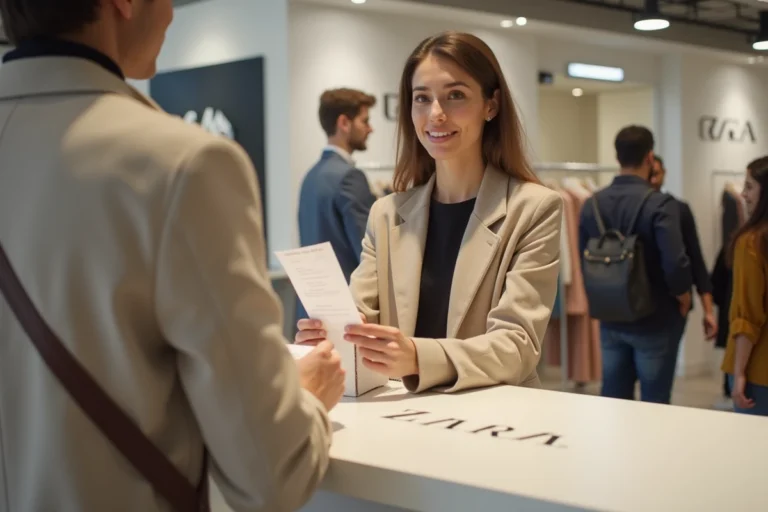 Femme demandant un remboursement au service client Zara avec un reçu et un sac de courses