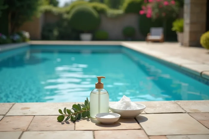 Remèdes naturels contre les notonectes posés au bord d'une piscine, vinaigre blanc et feuilles d'eucalyptus