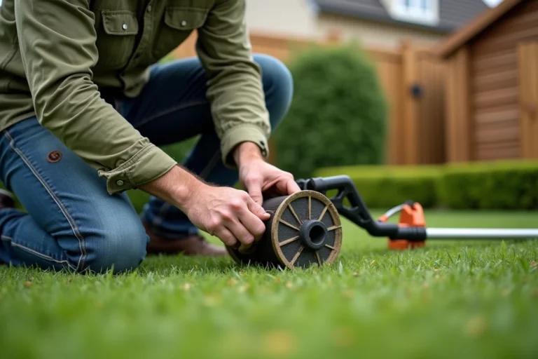 Homme remplaçant le fil d'un rotofil dans un jardin, les mains guidant le fil nylon dans la bobine