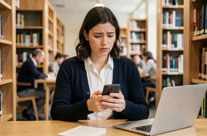 Jeune femme consultant son smartphone dans une bibliothèque pour résoudre un problème d'accès à la messagerie ac-nantes