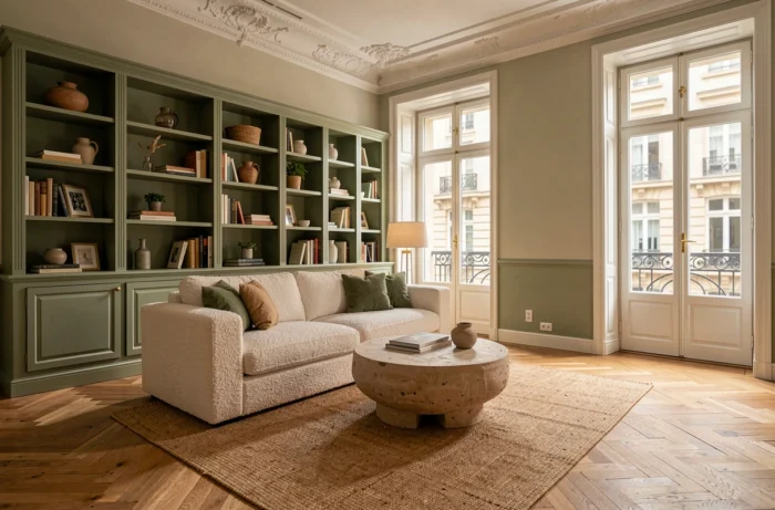 Salon rénové par un décorateur d'intérieur avec bibliothèque sur mesure, canapé boucle et parquet en chêne dans un appartement haussmannien
