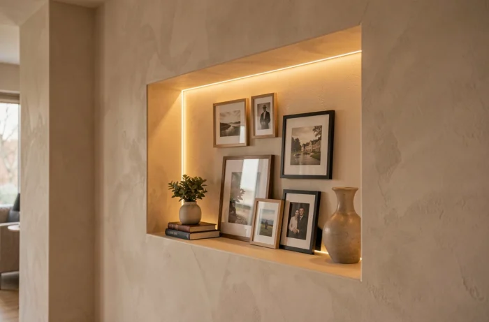Rétroéclairage LED dans une niche murale encadrant des tableaux et objets décoratifs dans un salon