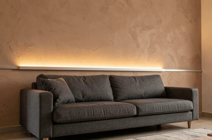 Ruban LED placé derrière le canapé projetant un halo lumineux chaud sur le mur du salon