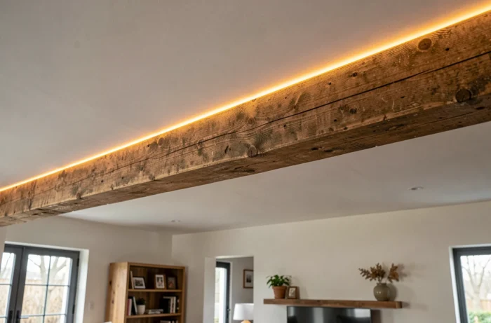 Ruban LED posé sur le dessus d'une poutre apparente en bois ancien éclairant le plafond du salon