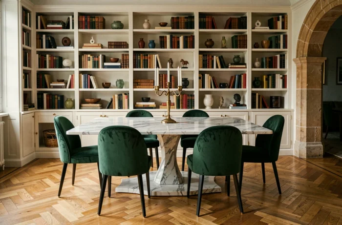 Salle à manger élégante avec table en marbre et chaises en velours vert foncé, entourée de bibliothèques sur mesure pour un intérieur raffiné et durable