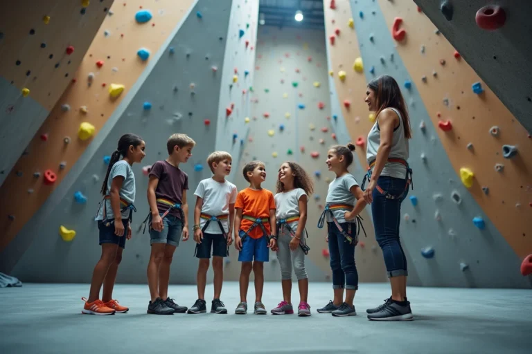 Famille avec enfants dans une salle d'escalade intérieure à Lille, portant des harnais colorés devant des murs d'escalade