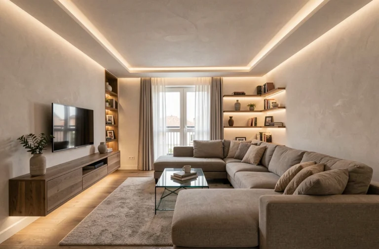 Salon moderne français sublimé par des installations LED créatives intégrées dans les moulures, niches et meubles