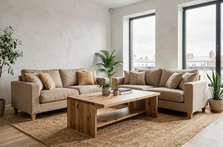 Salon scandinave élégant avec table basse en chêne massif et canapé en lin beige, meublé avec goût pour un intérieur durable et raffiné