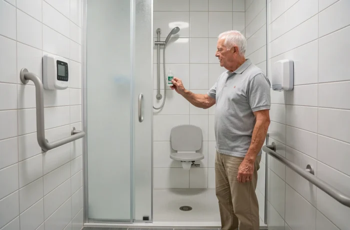 Un homme senior dans une salle de bain aménagée avec des équipements d'accessibilité et un distributeur de médicaments connecté