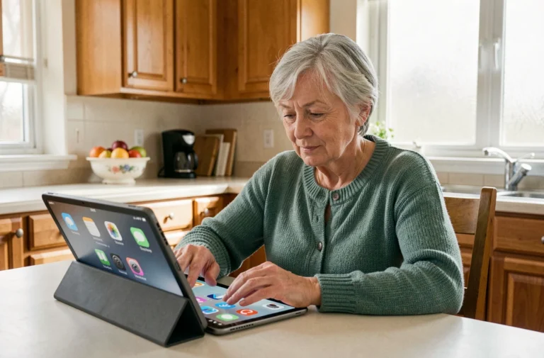 Une femme senior utilisant une tablette numérique à grande interface dans sa cuisine, solution technologique adaptée aux personnes âgées