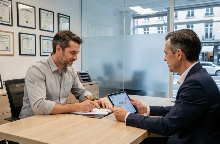 Homme signant un contrat de prêt immobilier avec un conseiller bancaire dans une agence moderne en France
