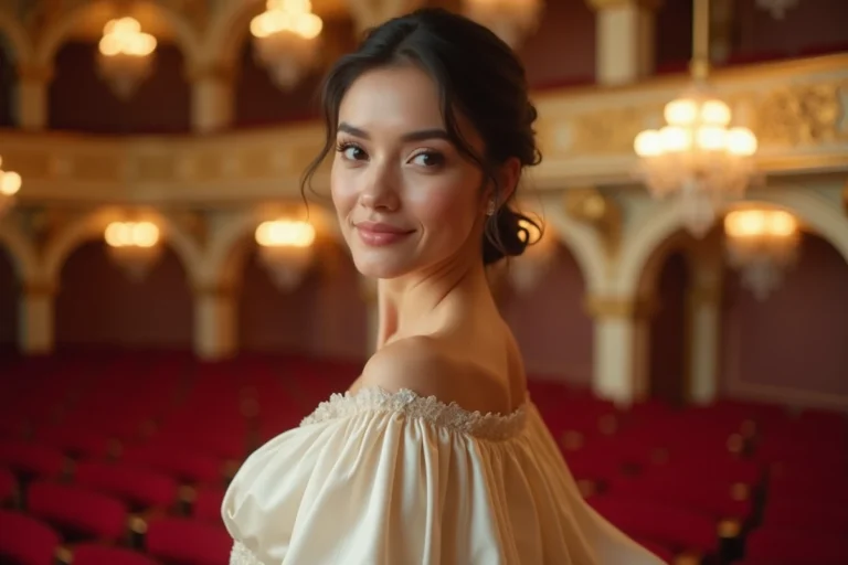 Soprano élégante en robe de mariée ivoire dans une salle d'opéra classique aux balcons dorés