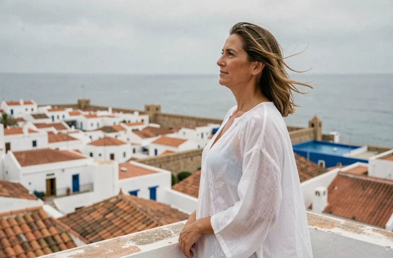 Célébrité internationale en kaftan blanc admirant la médina d'Essaouira depuis une terrasse avec vue sur l'Atlantique
