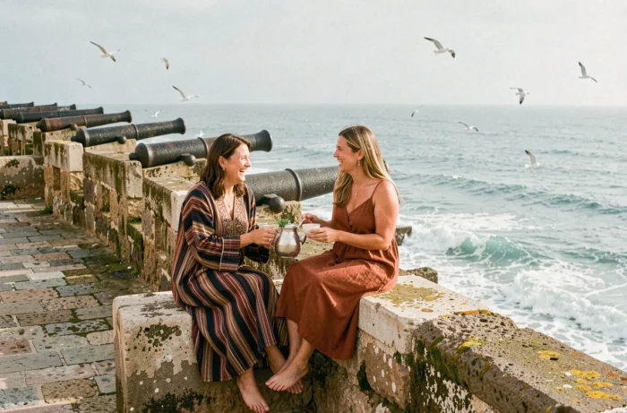 Deux célébrités internationales savourant le thé à la menthe sur les remparts historiques d'Essaouira face à l'Atlantique