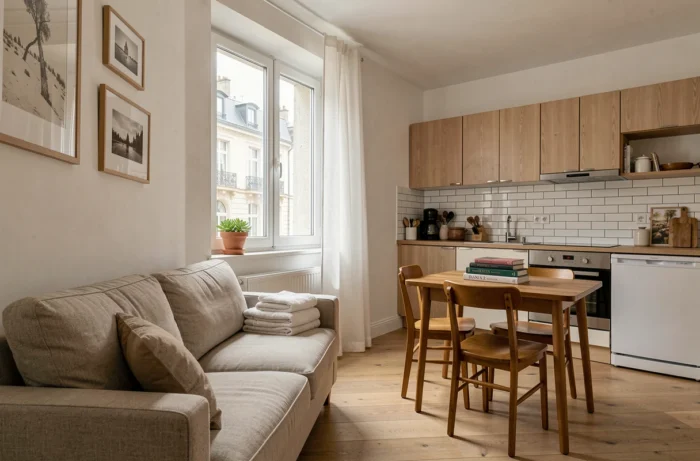 Studio meublé prêt à la location à Lyon avec décoration soignée et agencement optimisé