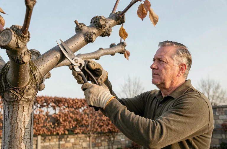 Homme taillant un mûrier platane avec des sécateurs, mettant en valeur les têtes de saule caractéristiques de l'arbre en hiver