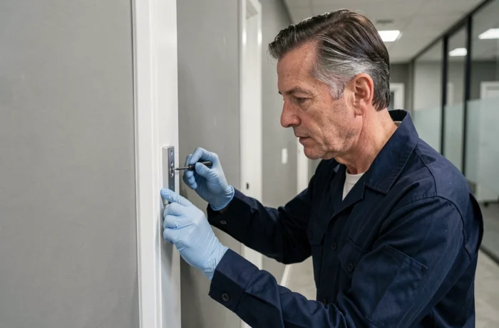 Technicien entretenant une gâche électrique encastrée dans un cadre de porte de bureau moderne