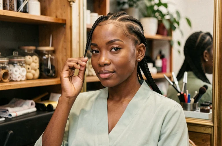 Femme aux cheveux courts portant des tresses cornrows géométriques dans un salon de coiffure vintage