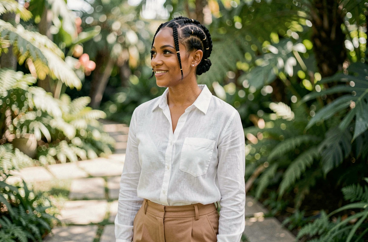 Femme aux cheveux courts avec des tresses halo couronnées et anneaux dorés dans un jardin botanique