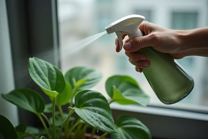 Application de bicarbonate de soude en spray sur les feuilles d'un pothos pour traiter un champignon