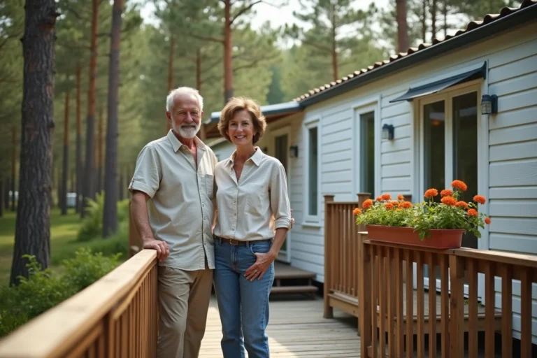 Couple devant un mobil-home sur une parcelle privée entourée de pins, illustration de la vente de parcelle avec mobil-home