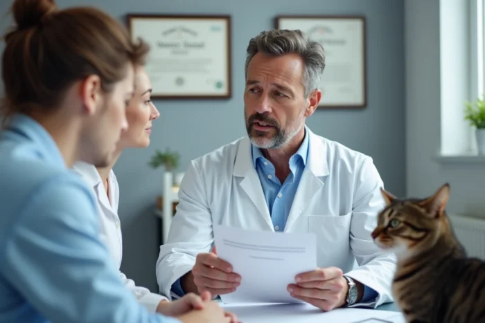 Vétérinaire expliquant la franchise d'assurance animaux à un couple avec leur chat en clinique vétérinaire